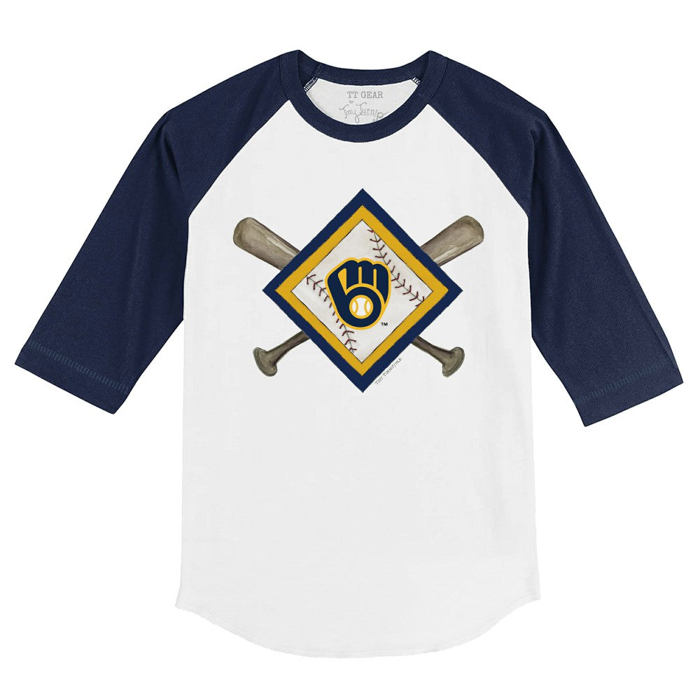 Milwaukee Brewers Tiny Turnip Youth Diamond Cross Bats 3/4-Sleeve Raglan T-Shirt - White/Navy - MLB on Sale