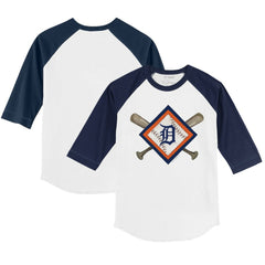 Detroit Tigers Tiny Turnip Youth Diamond Cross Bats 3/4-Sleeve Raglan T-Shirt - White/Navy - MLB Sale