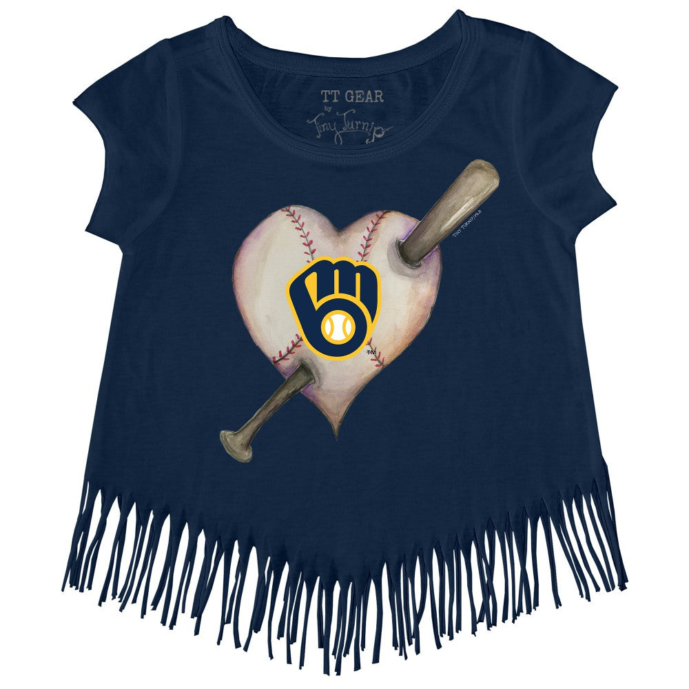 Milwaukee Brewers Tiny Turnip Girls Youth Heart Bat Fringe T-Shirt - Navy - MLB Lifestyle