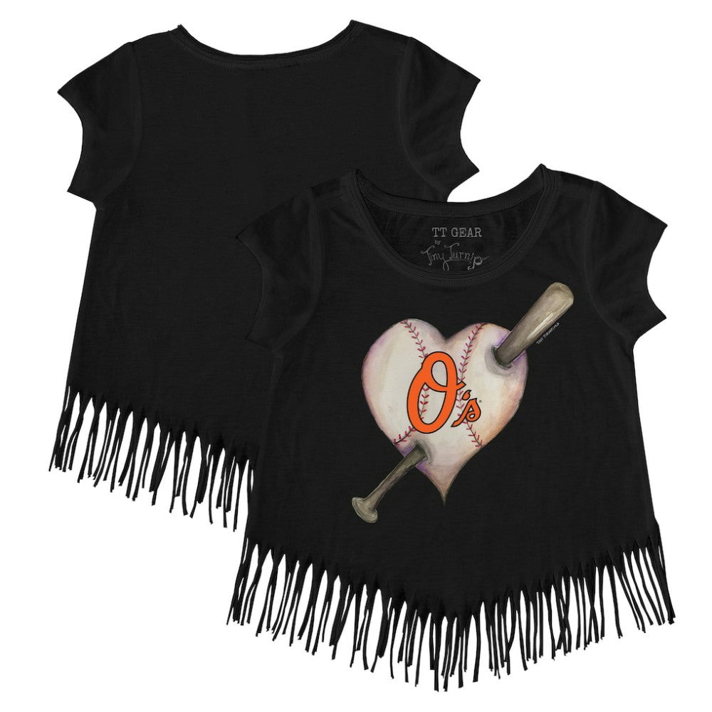 Baltimore Orioles Tiny Turnip Girls Youth Heart Bat Fringe T-Shirt - Black - MLB Lifestyle