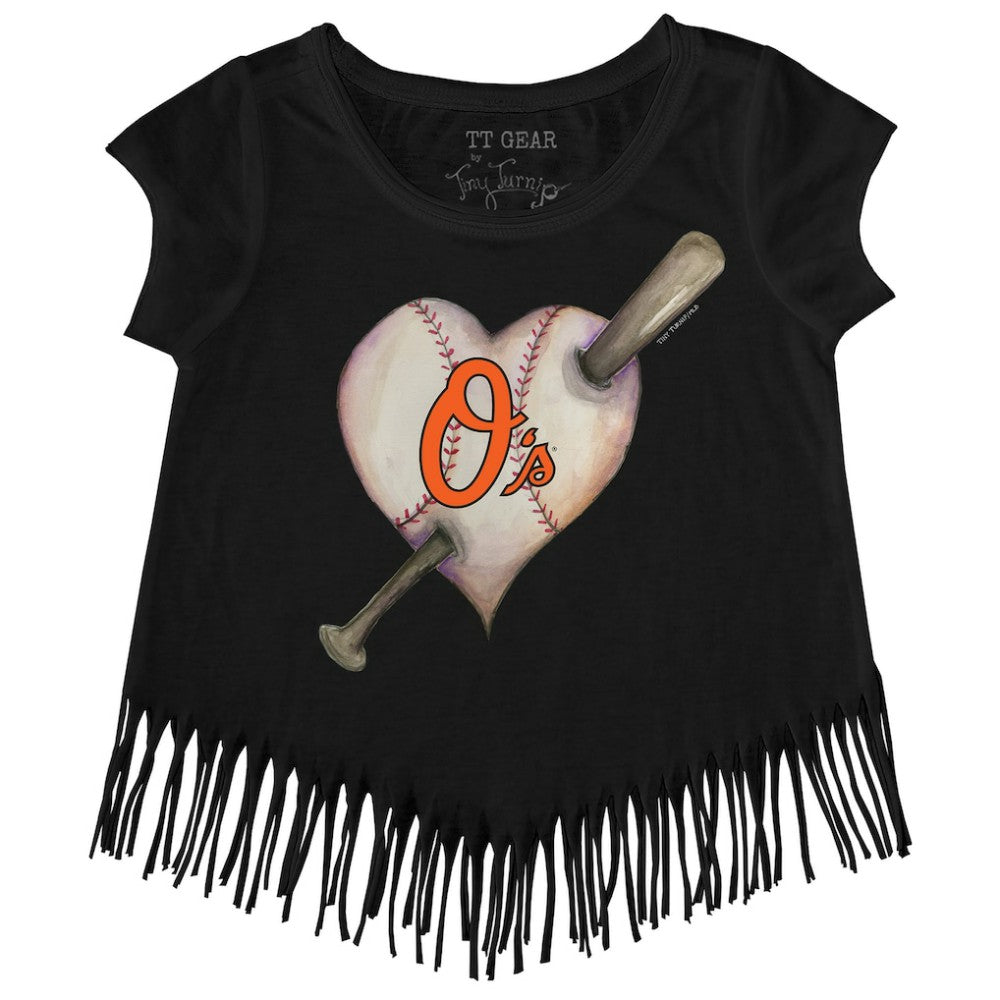Baltimore Orioles Tiny Turnip Girls Youth Heart Bat Fringe T-Shirt - Black - MLB Lifestyle