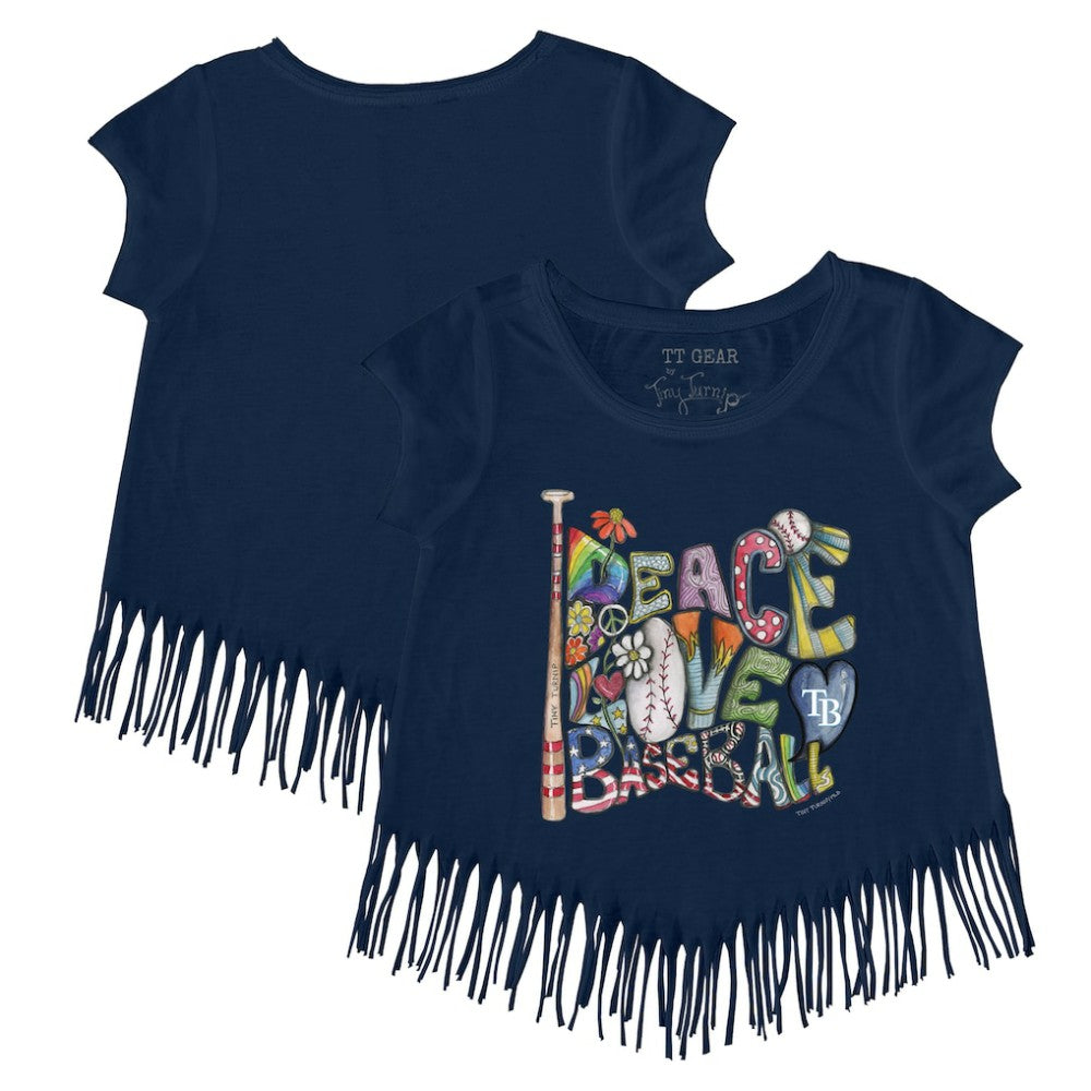 Tampa Bay Rays Tiny Turnip Girls Youth Peace Love Baseball Fringe T-Shirt - Navy - MLB on Sale