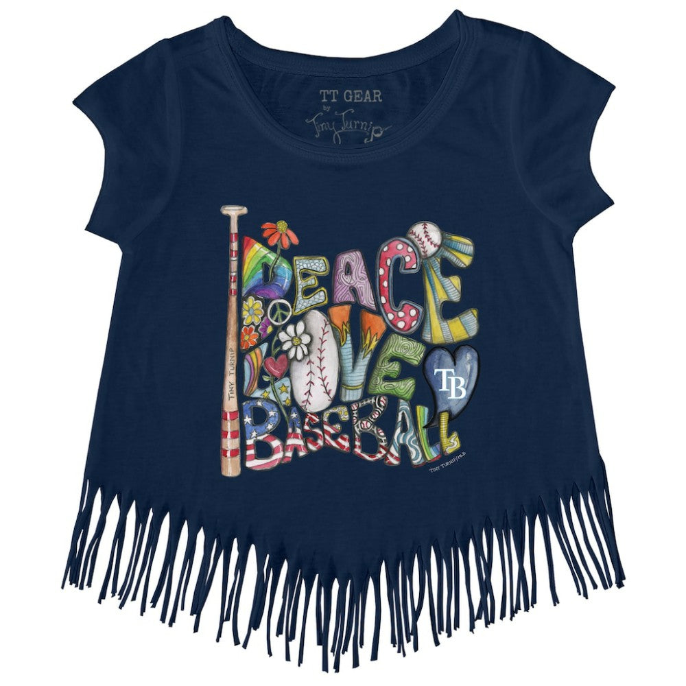 Tampa Bay Rays Tiny Turnip Girls Youth Peace Love Baseball Fringe T-Shirt - Navy - MLB on Sale