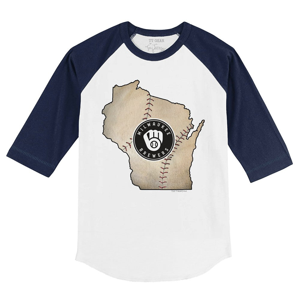 Milwaukee Brewers Tiny Turnip Youth State Outline 3/4-Sleeve Raglan T-Shirt - White/Navy - MLB Sale