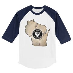 Milwaukee Brewers Tiny Turnip Youth State Outline 3/4-Sleeve Raglan T-Shirt - White/Navy - MLB Sale