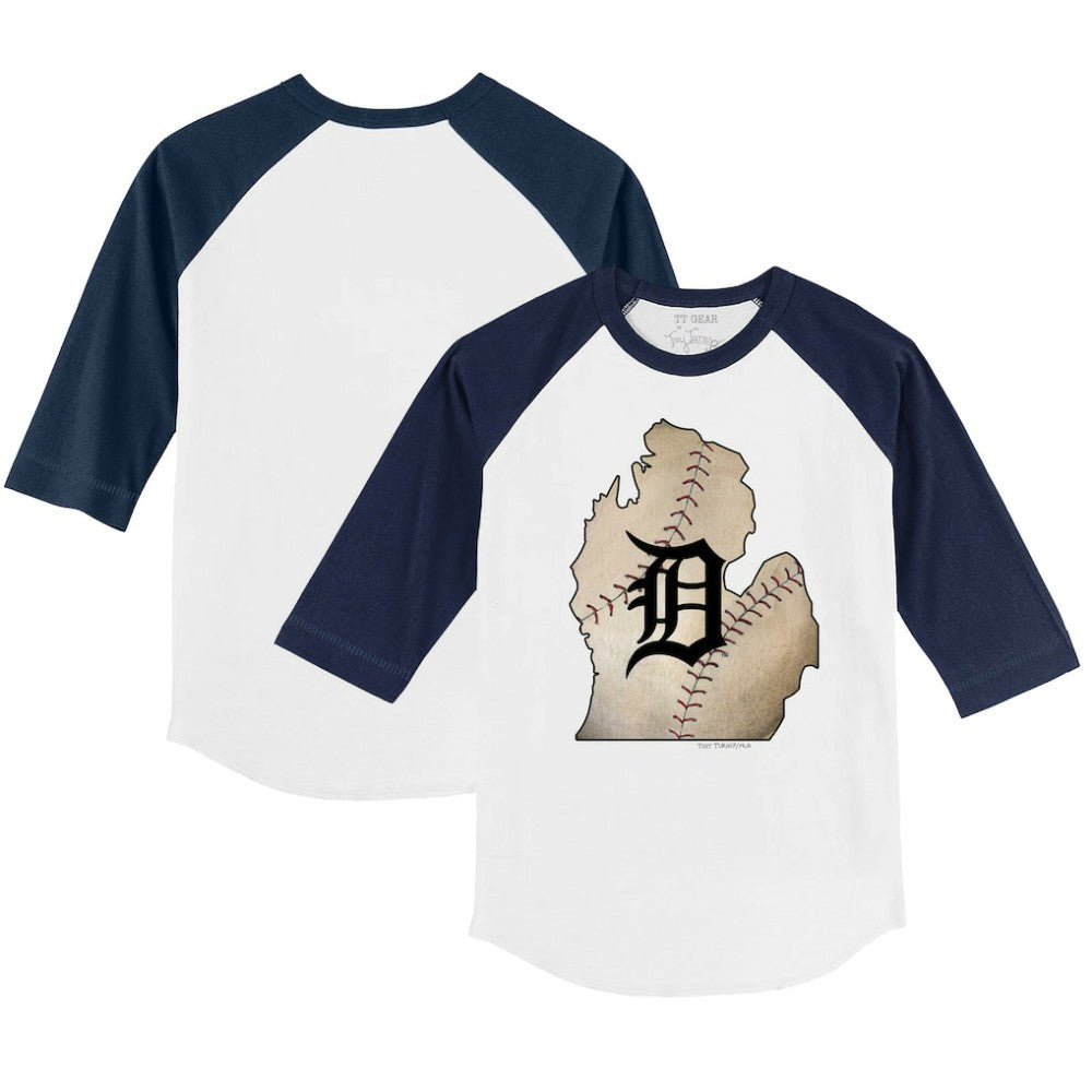 Detroit Tigers Tiny Turnip Youth State Outline 3/4-Sleeve Raglan T-Shirt - White/Navy - MLB Discount