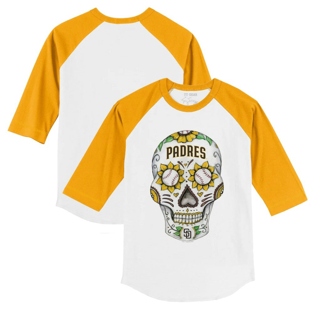 San Diego Padres Tiny Turnip Youth Sugar Skull 3/4-Sleeve Raglan T-Shirt - White/Gold - MLB on Sale