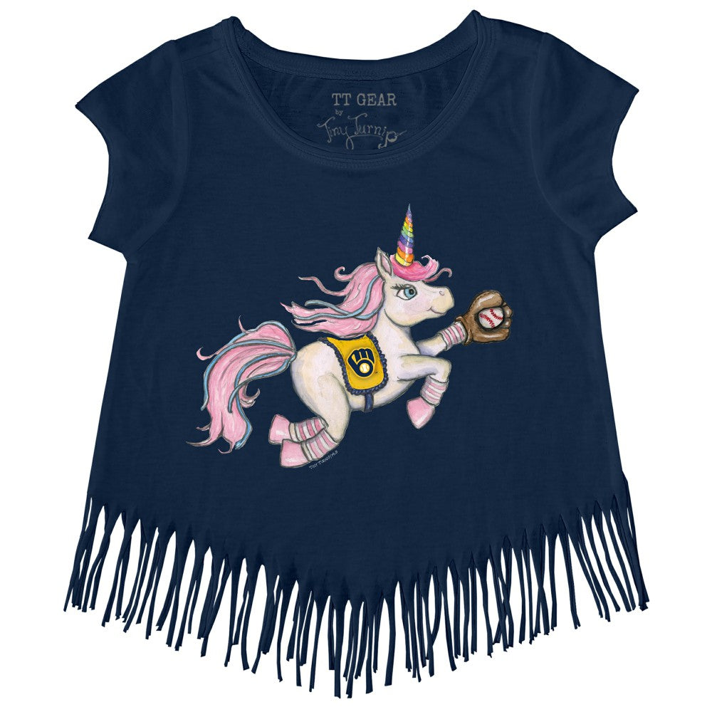 Milwaukee Brewers Tiny Turnip Girls Youth Unicorn Fringe T-Shirt - Navy - MLB Discount