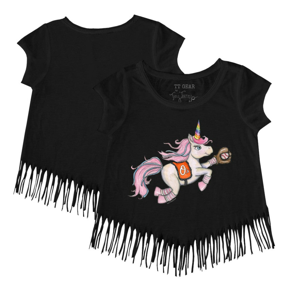 Baltimore Orioles Tiny Turnip Girls Youth Unicorn Fringe T-Shirt - Black - MLB on Sale