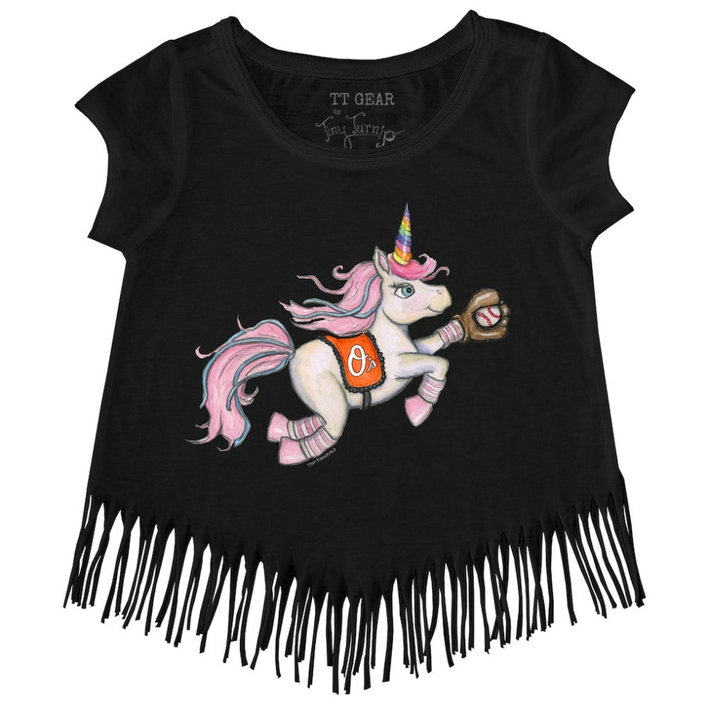 Baltimore Orioles Tiny Turnip Girls Youth Unicorn Fringe T-Shirt - Black - MLB on Sale