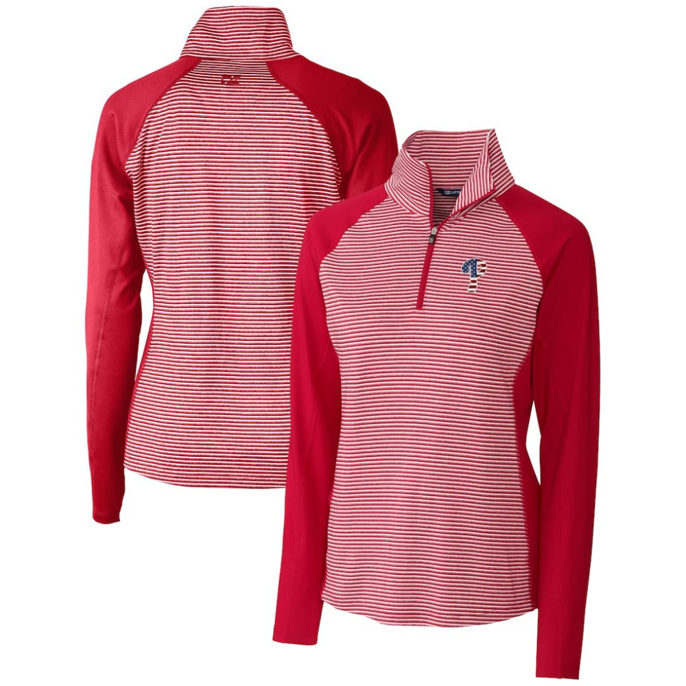 Philadelphia Phillies Cutter & Buck Women's Americana Logo Forge Tonal Stripe Stretch Half-Zip Pullover Top - Cardinal - MLB on Sale