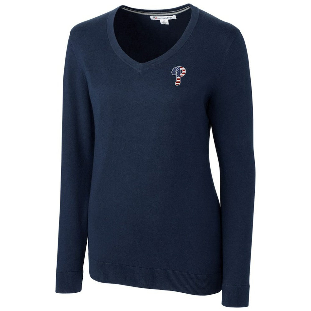 Philadelphia Phillies Cutter & Buck Women's Americana Logo Lakemont Tri-Blend V-Neck Pullover Sweater - Navy - MLB Sale