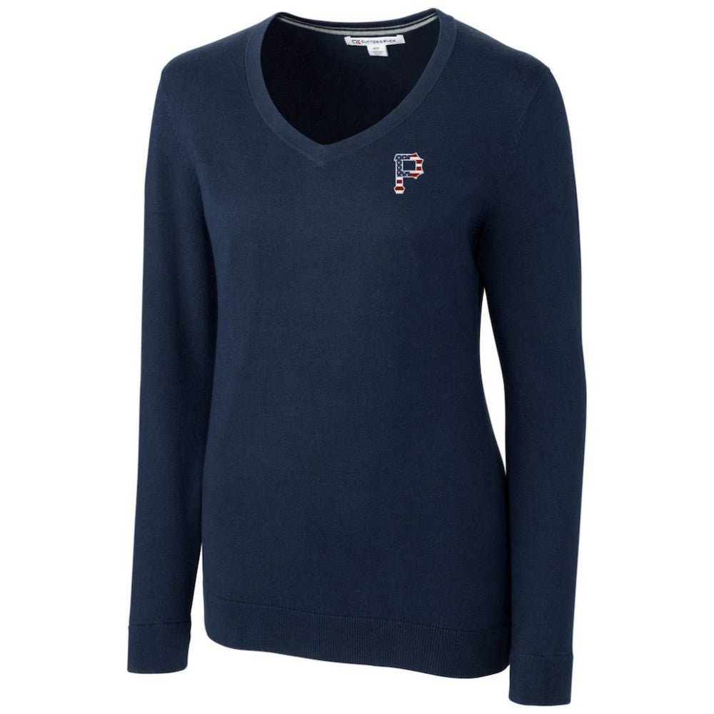 Pittsburgh Pirates Cutter & Buck Women's Americana Logo Lakemont Tri-Blend V-Neck Pullover Sweater - Navy - MLB on Sale