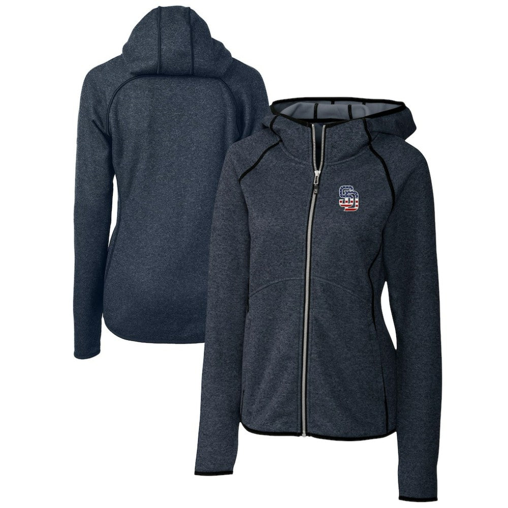 San Diego Padres Cutter & Buck Women's Americana Logo Mainsail Sweater-Knit Full-Zip Hoodie - Heather Navy - MLB Discount