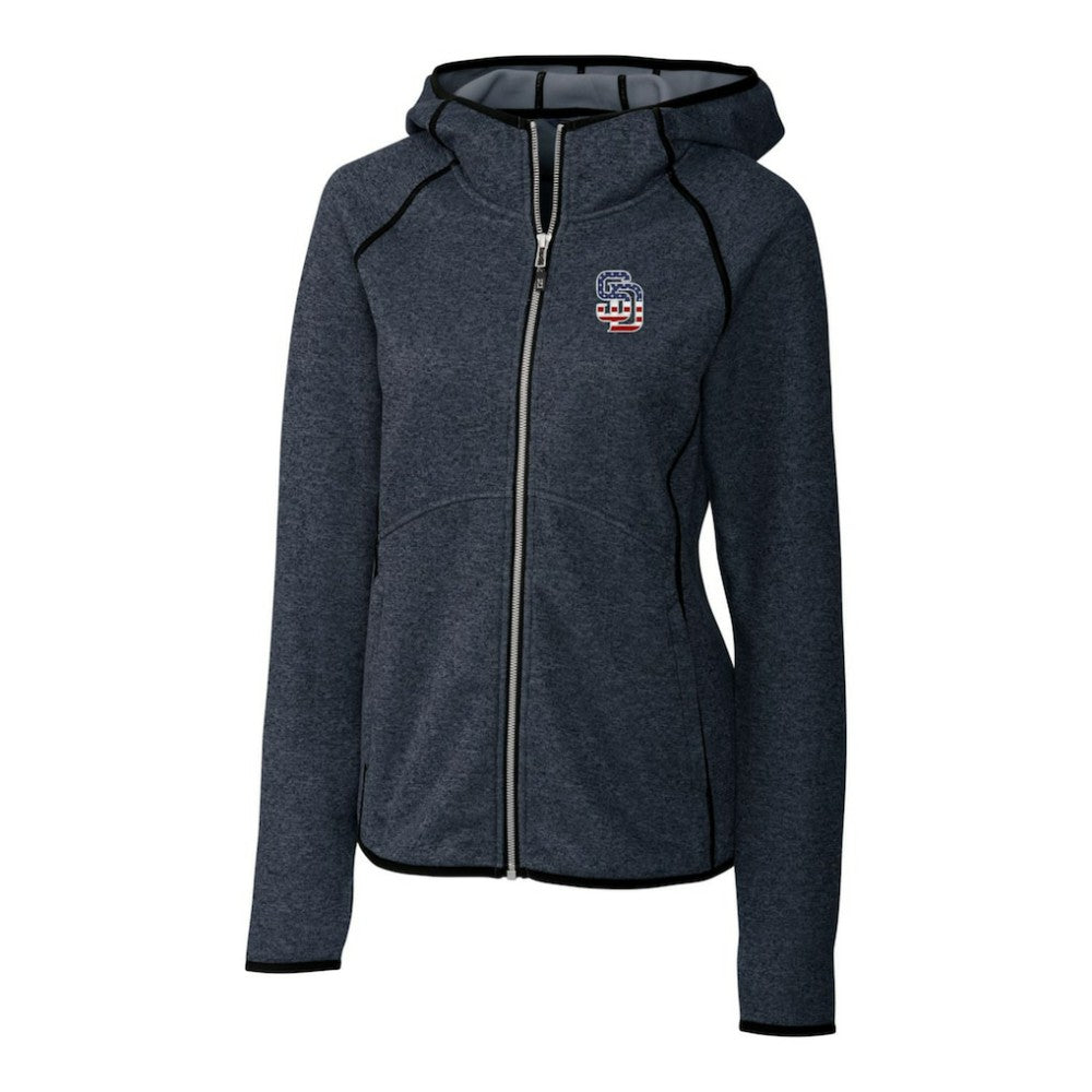 San Diego Padres Cutter & Buck Women's Americana Logo Mainsail Sweater-Knit Full-Zip Hoodie - Heather Navy - MLB Discount