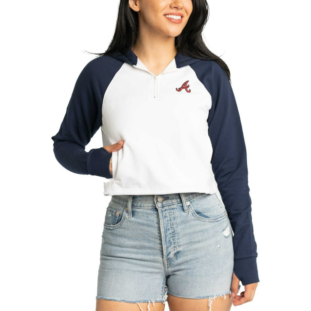 Atlanta Braves Lusso Women's Jane Raglan Quarter-Zip Tri-Blend Cropped Pullover Hoodie - White - MLB Lifestyle