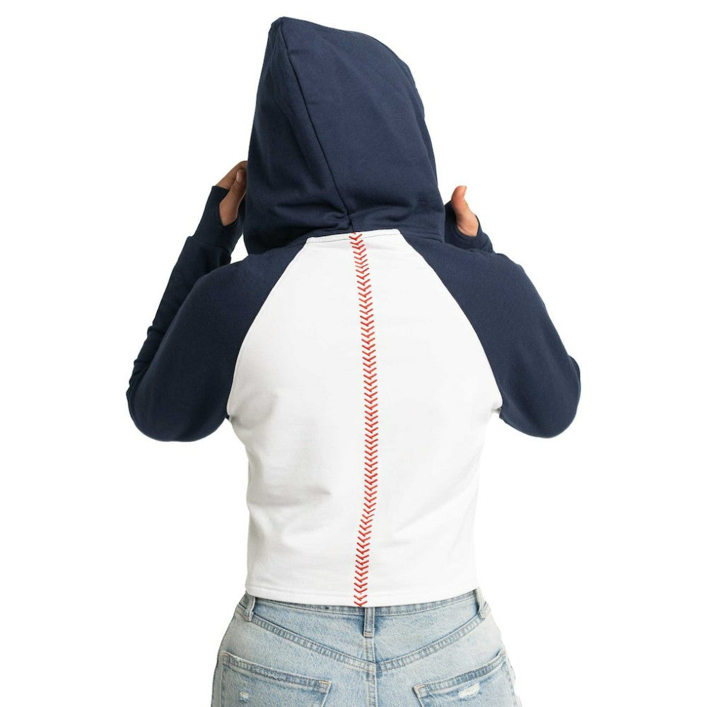 Atlanta Braves Lusso Women's Jane Raglan Quarter-Zip Tri-Blend Cropped Pullover Hoodie - White - MLB Lifestyle
