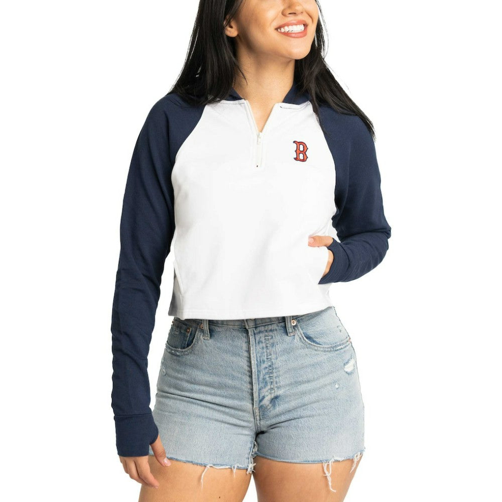 Boston Red Sox Lusso Women's Jane Raglan Quarter-Zip Tri-Blend Cropped Pullover Hoodie - White - MLB on Sale