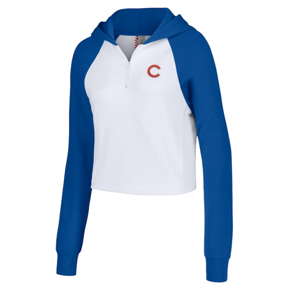 Chicago Cubs Lusso Women's Jane Raglan Quarter-Zip Tri-Blend Cropped Pullover Hoodie - White - MLB Sale