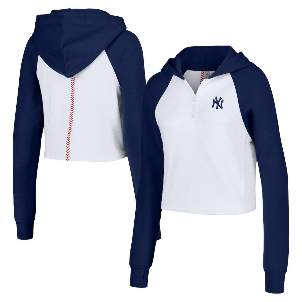 New York Yankees Lusso Women's Jane Raglan Quarter-Zip Tri-Blend Cropped Pullover Hoodie - White - MLB Online