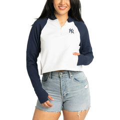 New York Yankees Lusso Women's Jane Raglan Quarter-Zip Tri-Blend Cropped Pullover Hoodie - White - MLB Online