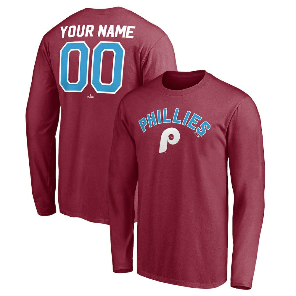 Philadelphia Phillies Personalized Cooperstown Collection Alternate Winning Streak Long Sleeve T-Shirt - Burgundy - MLB Lifestyle