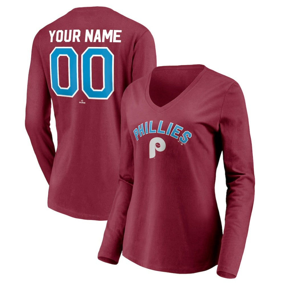 Philadelphia Phillies Women's Personalized Cooperstown Collection Alternate Winning Streak Long Sleeve V-Neck T-Shirt - Burgundy - MLB Sale