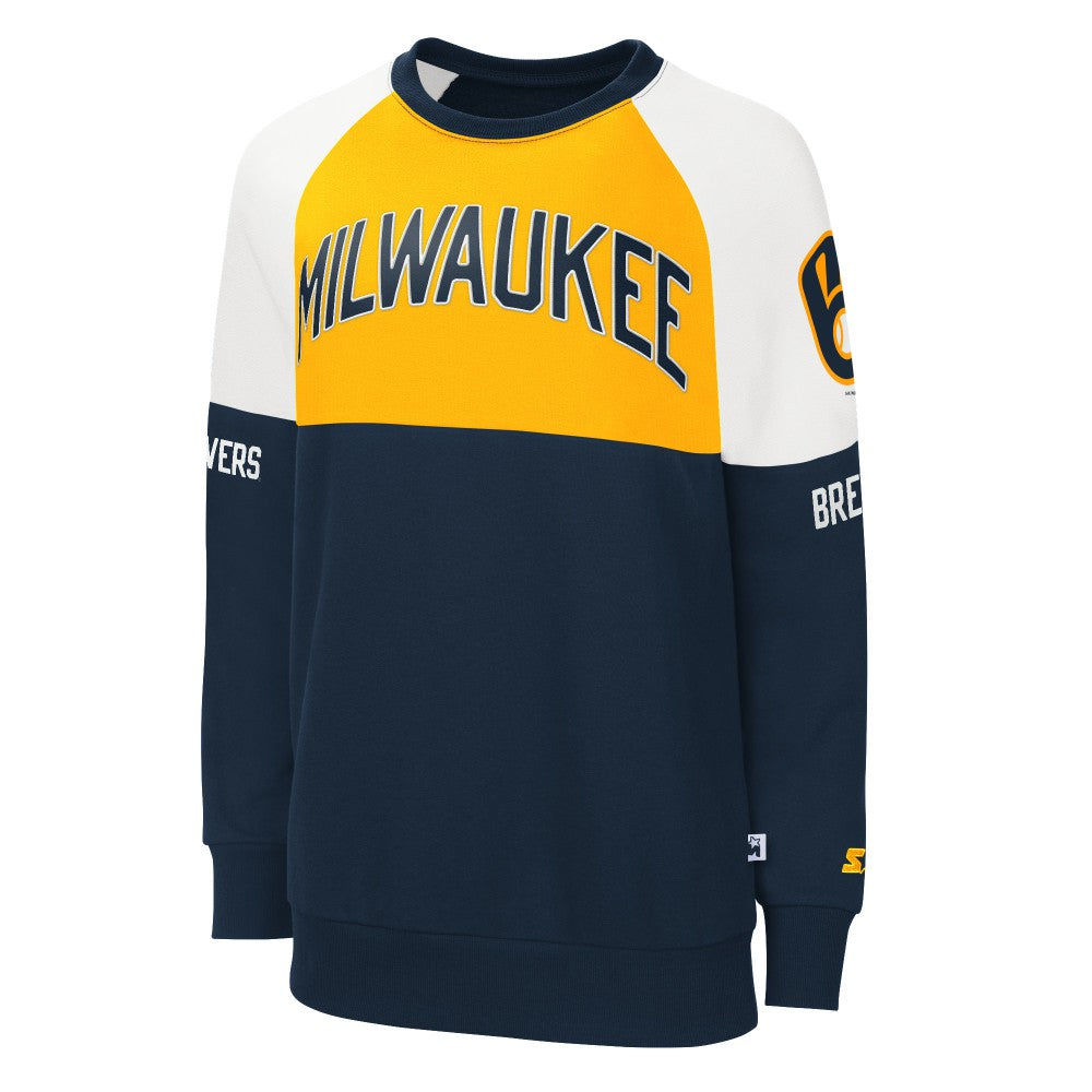 Milwaukee Brewers Starter Women's Baseline Raglan Pullover Sweatshirt - Navy/Gold - MLB Discount